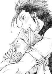 Rule 34 | 1boy, 1girl, aerith gainsborough, aozora airu, bangle, blush, bracelet, couple, crisis core final fantasy vii, earrings, final fantasy, final fantasy vii, final fantasy vii remake, from side, greyscale, grin, hands on another&#039;s arms, height difference, hug, hug from behind, jewelry, long hair, monochrome, open mouth, profile, sleeveless, sleeveless turtleneck, smile, spiked hair, stud earrings, sweater, turtleneck, turtleneck sweater, upper body, white background, zack fair