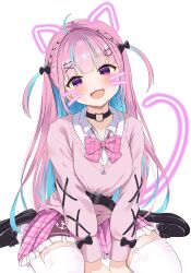 1girl absurdres ahoge anchor_necklace animal_ear_legwear animal_ears belt black_bow black_shoes blue_hair blush bow bowtie braid breasts cat_choker cat_ears cat_hair_ornament cat_tail choker collared_shirt colored_inner_hair cross-laced_clothes cross-laced_sleeves drawn_ears drawn_tail drawn_whiskers dress_shirt fake_animal_ears fake_tail hair_bow hair_ornament hairclip hands_on_ground head_tilt highres hololive jewelry kemu1209 loafers long_hair long_sleeves looking_at_viewer medium_breasts minato_aqua minato_aqua_(school_uniform) miniskirt multicolored_hair necklace open_mouth pendant pink_bow pink_bowtie pink_hair pink_skirt pink_sweater plaid_bow plaid_bowtie plaid_clothes plaid_skirt purple_eyes school_uniform shirt shoes simple_background skirt smile solo streaked_hair sweater tail thighhighs twin_braids two-tone_hair two_side_up virtual_youtuber war white_background white_shirt white_thighhighs x_hair_ornament