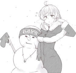 Rule 34 | 1girl, absurdres, ahoge, arm behind back, blush, bow, bowtie, breasts, capelet, character snowman, dress, eyebrows hidden by hair, fur-trimmed capelet, fur-trimmed dress, fur trim, greyscale, heart, heavy breathing, highres, large breasts, looking at viewer, monochrome, mushoku tensei, norn greyrat, open mouth, root (1732050807point), ruijerd superdia, simple background, snowing, snowman, solo, teeth, white background
