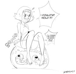 1girl animal barefoot blush bottomless dangerking11 embarrassed fish fishbowl gen_7_pokemon highres lana_(pokemon) looking_down looking_up monochrome nintendo open_mouth peeing peeing_in_bowl pokemon pokemon_(creature) pokemon_sm shirt short_hair sitting sweat tank_top tears water wishiwashi