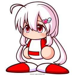 Rule 34 | 1girl, ahoge, amane karen, artist request, baseball uniform, belt, chibi, copyright notice, eyelashes, full body, hair ornament, heart, heart hair ornament, jikkyou powerful pro yakyuu, jikkyou powerful pro yakyuu (style), long hair, no mouth, official art, pink hair, pink ribbon, rayman limbs, red belt, red eyes, ribbon, sidelocks, simple background, solo, sportswear, twintails, very long hair, white background