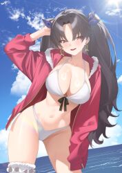 1girl absurdres alternate_costume arm_up bikini black_hair blue_sky breasts cleavage day earrings fate/grand_order fate_(series) highres ishtar_(fate) jacket jewelry kurozawa_yui large_breasts long_hair long_sleeves looking_at_viewer navel ocean open_clothes open_jacket open_mouth outdoors parted_bangs red_eyes red_jacket sky smile solo standing stomach swimsuit teeth thighs upper_teeth_only water white_bikini