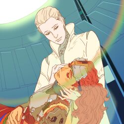 2girls 55bata6rou aloy_(horizon) armor blonde_hair blue_background braid closed_eyes eyelashes half-closed_eyes highres horizon_(video_game) horizon_forbidden_west jacket lens_flare long_hair looking_at_another lying multiple_girls on_side orange_hair pale_skin ponytail short_hair tilda_van_der_meer unconscious wavy_hair white_jacket