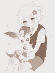 Rule 34 | 1boy, antenna hair, basil (faraway) (omori), basil (omori), blush, bright pupils, collared shirt, flower, gen 4 pokemon, greyscale, hair flower, hair ornament, holding, holding pokemon, leafeon, looking at viewer, male focus, monochrome, nintendo, omori, pokemon, pokemon (creature), saji neko, shirt, short hair, short sleeves, shorts, sitting, smile, solo, sweater vest