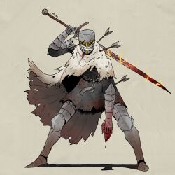 Rule 34 | 1other, armor, armored boots, arrow (projectile), arrow in body, arrow in head, artist name, blood, blood on armor, blood on hands, boots, cloak, commentary, cuisses, dark souls (series), dark souls ii, english commentary, full body, gauntlets, heide knight, helm, helmet, highres, holding, holding behind back, holding sword, holding sword behind back, holding weapon, holding weapon behind back, injury, mechamichal, object through head, other focus, pauldrons, sash, shoulder armor, simple background, solo, sword, torn cloak, torn clothes, waist sash, weapon