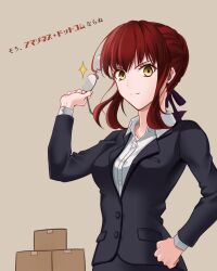 1girl alternate_costume black_jacket black_suit box braid breasts cardboard_box closed_mouth collared_shirt commentary_request fate/strange_fake fate_(series) formal_clothes glasses hand_on_own_hip hand_up highres hippolyta_(fate) holding holding_removed_eyewear jacket long_sleeves looking_at_viewer medium_breasts nue_(nw_0925) red_hair shirt sidelocks simple_background solo sparkle standing suit translation_request unworn_eyewear v-shaped_eyebrows white_shirt