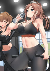 Rule 34 | 2girls, black pants, black sports bra, bottle, breasts, brown hair, exercising, exercise bike, highres, intrepid (kancolle), kantai collection, large breasts, midriff, multiple girls, navel, osananajimi neko, pants, ponytail, saratoga (kancolle), sports bra, water bottle, yoga pants