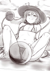 1girl :p arm_support baketsuya ball barefoot bikini closed_mouth commentary_request feet flat_chest greyscale hair_between_eyes hat highres komeiji_koishi looking_at_viewer monochrome navel short_hair sitting smile solo stomach swimsuit third_eye tongue tongue_out touhou