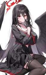 1girl absurdres anri_(user_ncce8585) black_choker black_gloves black_serafuku black_shirt black_skirt black_thighhighs black_wings blue_archive breasts choker crop_top crop_top_overhang gloves hair_between_eyes halo hasumi_(blue_archive) highres large_breasts long_hair long_hair_between_eyes looking_at_viewer low_wings midriff_peek mole mole_under_eye neckerchief oversized_wings red_eyes red_halo red_neckerchief sailor_collar school_uniform serafuku shirt simple_background sitting skirt solo thighhighs very_long_hair white_background white_sailor_collar wings yokozuwari