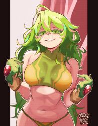 1girl :3 absurdres artist_name bikini bikini_bottom_only boku_no_hero_academia breasts colored_eyelashes commentary cowboy_shot crop_top drizzlewashere english_commentary gloves green_bikini green_gloves green_hair hagakure_toru half-closed_eyes hands_up highres long_hair multicolored_hair navel official_alternate_costume parted_lips pink_hair pointing pointing_at_self scanlines solo streaked_hair swimsuit thighs turtleneck_bikini_top twitter_username very_long_hair white_background white_mouth yellow_bikini