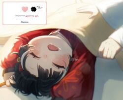 1boy 1girl bell black_hair closed_eyes dress hair_bell hair_ornament hair_ribbon hong_lu_(project_moon) jia_xichun_(project_moon) jingle_bell limbus_company multicolored_hair open_mouth out_of_frame project_moon red_dress red_ribbon request_inset ribbon saliva siblings sleeping streaked_hair unitaroukun wavebox