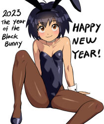 1girl 2023 absurdres animal_ears animification black_hair black_leotard black_shoes blush breasts brown_eyes chinese_zodiac cleavage collar english_text fake_animal_ears happy_new_year highres leotard mangamaster marvel new_year pantyhose peni_parker playboy_bunny rabbit_ears shoes short_hair simple_background sitting small_breasts smile solo spider-man:_into_the_spider-verse spider-man_(series) spider-verse strapless strapless_leotard white_background wrist_cuffs year_of_the_rabbit