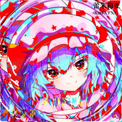 1girl absurdres artist_name blue_hair colorful fang frilled_hat frills hat heart heart_in_eye highres kiriaina looking_at_viewer mob_cap red_eyes remilia_scarlet solo symbol_in_eye touhou