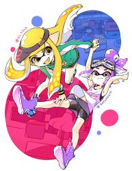 2girls armpits bike_shorts blonde_hair fangs goggles goggles_on_head hand_on_another&#039;s_knee hat highres holding_hands inkling inkling_girl inkling_player_character jacket multiple_girls navel nintendo ponytail purple_eyes purple_hair sen_squid shoes skirt smile splatoon_(series) tagme tank_top visor yellow_eyes