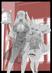 2girls absurdres animal_ear_fluff animal_ears bamboo_steamer steamed_bun breasts china_dress chinese_clothes dim_sum dress drill_hair dumpling fan_no_hitori fang fishnet_gloves fishnets food fox_ears gloves hair_ribbon heart_pasties highres holding holding_tray hypnosis kuzunoha_gozen large_breasts looking_at_viewer maebari mind_control multiple_girls nanako_von_meinsfelt original panties pasties pussy_juice ribbon see-through_clothes sex_toy steam tail thick_thighs thigh_strap thighhighs thighs thong tray tsurime twin_drills twintails underwear vibrator vibrator_cord vibrator_in_thigh_strap vibrator_in_thighhighs vibrator_under_clothes vibrator_under_panties waitress