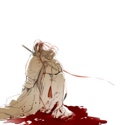 Rule 34 | 1boy, ahoge, barefoot, blood, blood on clothes, blood on ground, blood splatter, chinese clothes, covering face, dizi, facing away, flute, full body, hair ribbon, hanfu, high ponytail, holding, holding flute, holding instrument, instrument, knees up, long hair, male focus, modao zushi, monochrome, ponytail, red ribbon, ribbon, simple background, sitting, solo, spot color, tassel, transverse flute, wei wuxian, white background, ykmr (haga)