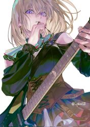 1girl bang_dream! bang_dream!_it&#039;s_mygo!!!!! bare_shoulders blonde_hair breasts brown_corset chinese_commentary commentary_request corrupted_twitter_file corset cowboy_shot cross-laced_clothes cross-laced_corset doloris_(bang_dream!) earrings electric_guitar guitar hair_between_eyes highres holding holding_guitar holding_instrument holding_plectrum instrument jewelry kinayone large_breasts medium_hair misumi_uika parted_lips plectrum purple_eyes simple_background solo underbust watermark weibo_username weibo_watermark white_background