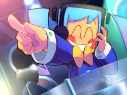 1girl ^_^ blue_jacket bow bowtie closed_eyes commentary derivative_work detached_hair dj dutch_angle english_commentary grin hatsune_miku headphones highres imitation_lover jacket long_hair nyakka pointing smile solo static_(vocaloid) twintails vocaloid yellow_bow yellow_bowtie