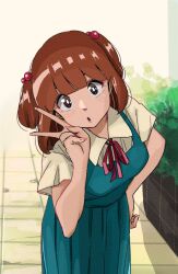 Rule 34 | breasts, brown eyes, brown hair, hand against hip, hedge, highres, long skirt, maison ikkoku, medium breasts, medium hair, parted lips, path, poppowerhearts, road, skirt, stone walkway, v, yagami ibuki