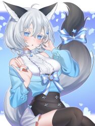 1girl absurdres animal_ears black_skirt black_thighhighs blue_bow blue_eyes blue_gemstone blue_nails blush bow breasts center_frills character_request commission copyright_request dress fox_ears fox_girl fox_shadow_puppet fox_tail frills gem grey_hair hair_ornament highres lips mui_maru shirt skeb_commission skirt solo star_(symbol) star_hair_ornament tail tail_bow tail_ornament thighhighs two-tone_bow white_bow white_dress white_shirt