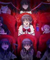 Rule 34 | aayoii 00, akemi homura, akemi homura (magical girl), akuma homura, black hair, blood, blood on face, clone, crying, eating, excited, food, glasses, highres, hime cut, kaname madoka, kyubey, long hair, mahou shoujo madoka magica, mahou shoujo madoka magica: hangyaku no monogatari, mitakihara school uniform, movie theater, pink hair, popcorn, school uniform, shovel, smile, sparkle, stuffed toy, very long hair