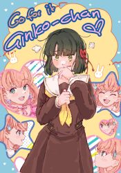 Rule 34 | 2girls, :d, ^ ^, aqua eyes, black hair, blue border, blunt bangs, blunt ends, blush, blush stickers, border, brown dress, closed eyes, closed mouth, commentary, covering own mouth, crossed bangs, dress, english text, flower knot, fregie, frilled dress, frills, ganbare! nakamura-kun!!, green eyes, hair ornament, hand over own mouth, hasu no sora school uniform, heart, highres, hinoshita kaho, link! like! love live!, long sleeves, looking at viewer, loose hair strand, love live!, medium dress, medium hair, momose ginko, multiple girls, multiple views, neckerchief, open mouth, orange hair, outside border, pink dress, pleated dress, profile, rabbit hair ornament, reflection in the mirror (love live!), sailor collar, sailor dress, school uniform, short hair, smile, split mouth, star (symbol), symbol-only commentary, teeth, two side up, upper teeth only, virtual youtuber, white sailor collar, winter uniform, yellow background, yellow neckerchief, yuri