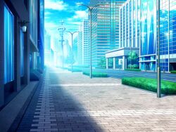 artist_request blue_sky building bush cityscape cloud day game_cg lamppost lens_flare magia_record:_mahou_shoujo_madoka_magica_gaiden mahou_shoujo_madoka_magica no_humans official_art outdoors pillar radio_tower road scenery shade sidewalk sky skyscraper street sunlight tree