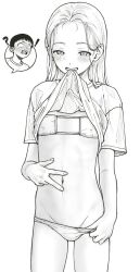 1boy 1girl bikini blush breasts eyepatch_bikini forehead fujihara_(haguhagu) greyscale highres imaninjaguy long_hair monochrome original sasha_(haguhagu) simple_background small_breasts spread_navel swimsuit white_background