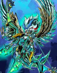 ahoge alternate_color alternate_costume alternate_eye_color arrow_(projectile) artist_name aura beak black_fur blank_eyes bow bow_(weapon) claws corruption crescent dark_persona fierce_deity flying green_fur highres holding holding_arrow multicolored_fur nintendo no_pupils possessed possession stoic_seraphim the_legend_of_zelda the_legend_of_zelda:_breath_of_the_wild the_legend_of_zelda:_majora&#039;s_mask the_legend_of_zelda:_tears_of_the_kingdom transformation triangle tulin_(zelda) weapon wings