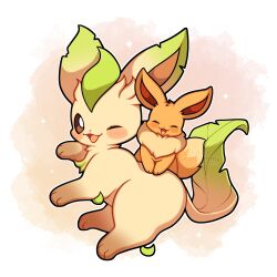 Rule 34 | absurdres, animal focus, blush, brown eyes, closed eyes, eevee, evolutionary line, gen 1 pokemon, gen 4 pokemon, happy, highres, leafeon, nintendo, one eye closed, pokemon, pokemon (creature), sevi (seviyummy), smile