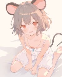 1girl :d absurdres animal_ears bare_shoulders barefoot bloomers breasts camisole collarbone commentary_request grey_hair highres iris-san jewelry looking_at_viewer mouse_ears mouse_girl mouse_tail nazrin open_mouth pendant red_eyes seiza short_hair sitting small_breasts smile solo tail touhou underwear underwear_only white_bloomers white_camisole