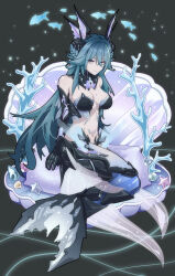 1girl absurdres bare_shoulders black_bra blue_hair bra breasts clam closed_mouth fins full_body grey_eyes hair_between_eyes head_fins highres lamia_(pgr) long_hair looking_at_viewer mechanical_arms mechanical_tail mermaid monster_girl navel punishing:_gray_raven shell_hair_ornament sitting smile solo tail underwear zhuang_yu_pizza
