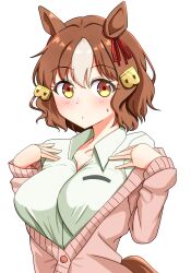 1girl animal_ears berno_light_(umamusume) blush breasts brown_hair cardigan closed_mouth dress_shirt hair_ornament hair_ribbon highres horse_ears horse_girl horse_tail large_breasts long_sleeves multicolored_hair off_shoulder pink_cardigan ribbon school_uniform seraphyfether shirt short_hair simple_background solo sweatdrop tail two-tone_hair umamusume umamusume:_cinderella_gray upper_body white_background white_hair white_shirt wing_collar yellow_eyes