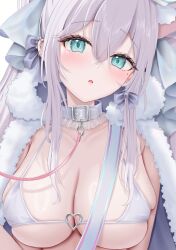 Rule 34 | 1girl, absurdres, animal ear fluff, animal ears, bikini, blue eyes, blush, bow, breasts, choker, cleavage, collar, collarbone, ear piercing, fur trim, hair bow, hair ornament, highres, jewelry, large breasts, leash, long hair, looking at viewer, mole, mole under eye, open mouth, original, parted lips, piercing, purple hair, solo, swimsuit, underboob, uni ikura, upper body, white bikini, white hair