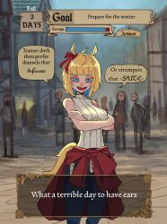 1girl :d absurdres ahoge animal_ears arms_under_breasts basedbinkie black_pants blonde_hair blue_eyes blue_hair blunt_bangs bow clothes_around_waist colored_inner_hair commentary crossed_arms day dialogue_box ear_bow english_commentary english_text gameplay_mechanics highres horse_ears horse_girl horse_tail jacket jacket_around_waist looking_at_viewer medieval multicolored_hair old_english_text open_mouth original outdoors pants parody profanity red_bow red_jacket road shirt short_hair sleeveless sleeveless_shirt smile solo_focus speech_bubble street tail teeth turtleneck turtleneck_shirt two-tone_hair umamusume upper_teeth_only white_shirt