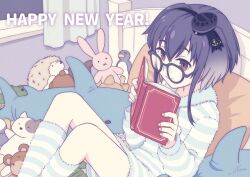 1girl alternate_costume anchor_symbol bed bespectacled black_hair book brown_eyes dress fur_dress glasses gradient_hair happy_new_year hat hat_ribbon hooded_dress kantai_collection mini_hat multicolored_hair nao_(nao_eg) new_year pillow porcupine ribbon short_hair short_hair_with_long_locks sleepwear smokestack_hair_ornament socks solo striped_clothes striped_dress striped_socks stuffed_animal stuffed_dog stuffed_penguin stuffed_porcupine stuffed_rabbit stuffed_shark stuffed_toy tokitsukaze_(kancolle)