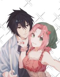 1boy 1girl black_eyes black_hair black_shirt closed_mouth couple crop_top food fruit green_eyes hair_between_eyes hair_ornament hand_on_own_cheek hand_on_own_face haruno_sakura hat highres holding hug nail_polish naruto_(series) open_clothes pink_hair renyiyigeren scrunchie selfie shirt short_hair simple_background smile spiked_hair strawberry uchiha_sasuke upper_body white_shirt