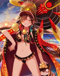 Rule 34 | 1girl, artist name, bikini, black bikini, black hair, black hat, chibi, closed eyes, coat, crest, family crest, fate/grand order, fate (series), happy, hat, headphones, headphones around neck, highres, holding, holding instrument, holding weapon, instrument, long hair, military hat, oda nobunaga (fate), red coat, smile, swimsuit, very long hair, weapon, yui (tamagohan)