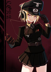 1girl absurdres adjusting_clothes adjusting_headwear belt blonde_hair brown_gloves cross epaulettes gloves hat headphones highres iron_cross jiseki_rena looking_at_viewer military_dress_uniform military_uniform nazi necktie original parted_lips peaked_cap red_eyes reichsadler rena_(jiseki_rena) short_hair skirt solo throat_microphone totenkopf tsurime