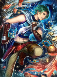 1boy boots brown_boots clenched_hand dagger fingerless_gloves fire_emblem fire_emblem:_radiant_dawn fire_emblem_cipher gloves green_hair green_vest hair_over_one_eye highres holding holding_dagger holding_knife holding_weapon kh_kyo_hibiki knife leg_up looking_at_viewer nintendo official_art scan short_hair sleeveless sleeveless_vest solo sothe_(fire_emblem) third-party_source vest weapon yellow_eyes