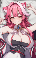 Rule 34 | 1girl, absurdres, animal ears, ascot, bare shoulders, black tube top, blue gemstone, blush, breasts, cleavage, coat, collarbone, collared shirt, commentary, extra ears, gem, grin, h4kuuua 0, hair intakes, hashtag-only commentary, highres, hololive, hololive english, large breasts, looking at viewer, lying, medium hair, multicolored hair, on back, open clothes, open coat, panther ears, panther girl, pink coat, pink hair, raora panthera, raora panthera (1st costume), shirt, smile, solo, strapless, streaked hair, teeth, tube top, two-tone hair, underbust, virtual youtuber, white ascot, white shirt, yellow eyes