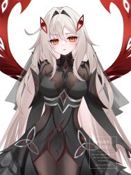 1girl armpit_crease artist_name black_dress black_skin black_veil blonde_hair blush colored_skin commentary_request dress embarrassed eye_symbol floating genshin_impact gradient_hair hair_between_eyes hair_intakes hair_ornament head_tilt highres kino_(curry_pan) long_hair looking_at_viewer multicolored_hair multicolored_skin orange_eyes parted_lips red_wings ronova_(genshin_impact) shoulder_pads simple_background skin_tight solo symbol-shaped_pupils twitter_username two-tone_hair two-tone_skin upper_body veil wavy_hair white_background wings