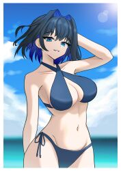 1girl absurdres arm_behind_head arm_up bare_arms bare_shoulders beach bikini blue_bikini blue_eyes blue_hair breasts cleavage cloud cloudy_sky collarbone commentary cowboy_shot day english_commentary gurei_(streaper42846) hair_intakes highres hololive hololive_english large_breasts long_hair looking_at_viewer multicolored_hair navel ouro_kronii outdoors parted_lips side-tie_bikini_bottom sky smile solo stomach swimsuit two-tone_hair virtual_youtuber