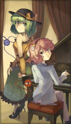 2girls absurdres bowl bowl_hat detached_sleeves formal_clothes grand_piano green_eyes green_hair green_skirt hairband hat high_heels highres instrument komeiji_koishi komeiji_satori kornod looking_at_viewer medium_hair multiple_girls on_stool pant_suit pants piano single_bare_shoulder sitting skirt sleeveless stool suit touhou