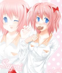 1girl 2000s_(style) artist_name blue_eyes blush bow character_name chocolate_chip_cookie claw_pose collar collarbone collared_shirt commentary cookie doki_doki_literature_club english_commentary food food_in_mouth geekypichu hair_bow hair_intakes hair_ornament highres looking_at_viewer one_eye_closed one_side_up orange_collar pajamas pink_hair polka_dot polka_dot_background projected_inset red_bow sayori_(doki_doki_literature_club) shirt short_hair smile solo white_shirt