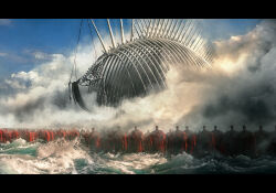 1boy 6+others blue_sky cloud eren_yeager founding_titan highres long_hair monster multiple_others ocean ribs rumbling_(shingeki_no_kyojin) shingeki_no_kyojin shoulder_blades sky spine steaming_body suspension tanis_teau titan_(shingeki_no_kyojin) very_long_hair waves