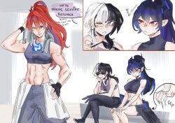 3girls ahoge asymmetrical_horns black_hair blue_fire blue_hair blush colored_inner_hair demon_horns elizabeth_rose_bloodflame english_text fingerless_gloves fire gloves highres hololive hololive_english horns horny_grip_(meme) long_hair low_wings meme multicolored_hair multiple_girls nerissa_ravencroft red_eyes red_hair shiori_novella split-color_hair sports_bra sunglasses tibetanyakart toned toned_female two-tone_hair uneven_horns virtual_youtuber wings yellow_eyes