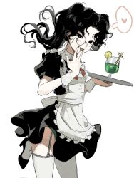 1girl amon_(lord_of_the_mysteries) apron black_dress black_eyes black_hair blush breasts cup dress frilled_apron frilled_dress frills garter_straps genderswap genderswap_(mtf) green_nails green_panties heart highres holding holding_tray kikinotamai long_hair looking_at_viewer lord_of_the_mysteries maid maid_apron monocle open_mouth panties parted_bangs puffy_short_sleeves puffy_sleeves short_sleeves simple_background smile solo spoken_heart thighhighs tray twintails underwear white_apron white_background wrist_cuffs