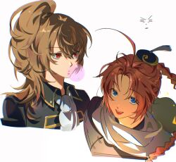 1boy 1girl :d ahoge ascot blowing_bubbles blue_eyes braid braided_ponytail brown_hair bun_cover chewing_gum collared_jacket cropped_torso genderswap genderswap_(mtf) gintama high_ponytail highres jacket kamui_(gintama) long_hair male_focus nong1ji okita_sougo okita_souko open_mouth parted_bangs ponytail red_eyes scarf smile white_ascot white_background white_scarf