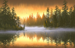 artist_name bird commentary_request fir_tree fog forest huhv. lake nature no_humans original reflection reflective_water scenery sky sunrise tree yellow_sky
